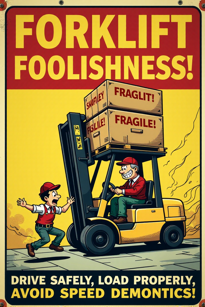"Vintage safety sign illustration of a cartoon forklift driver recklessly speeding around a warehouse corner, laden with a towering, unstable stack of boxes that are clearly exceeding the forklift's safe load capacity and teetering precariously.  The boxes are labeled 'FRAGILE!' and are about to spill.  The forklift driver is grinning manically, with exaggerated motion lines indicating excessive speed and lack of control.  In the foreground, a cartoon warehouse worker with a shocked expression leaps out of the way just in time. The sign text boldly declares: 'FORKLIFT FOOLISHNESS!  DRIVE SAFELY, LOAD PROPERLY, AVOID SPEED DEMONICS!'  Render in a dynamic, vintage cartoon style, employing strong diagonal lines to emphasize speed and danger, using a bold, limited color palette of yellow, black, and danger red to highlight the unsafe actions. Visually stunning vintage cartoon, clear safety warning, high detail in motion blur and precarious box stack." <lora:REMEs_War_Poster_Style:0.9> In REME's War Poster Style,âââ