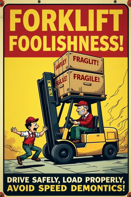 "Vintage safety sign illustration of a cartoon forklift driver recklessly speeding around a warehouse corner, laden with a towering, unstable stack of boxes that are clearly exceeding the forklift's safe load capacity and teetering precariously. The boxes are labeled 'FRAGILE!' and are about to spill. The forklift driver is grinning manically, with exaggerated motion lines indicating excessive speed and lack of control. In the foreground, a cartoon warehouse worker with a shocked expression leaps out of the way just in time. The sign text boldly declares: 'FORKLIFT FOOLISHNESS! DRIVE SAFELY, LOAD PROPERLY, AVOID SPEED DEMONICS!' Render in a dynamic, vintage cartoon style, employing strong diagonal lines to emphasize speed and danger, using a bold, limited color palette of yellow, black, and danger red to highlight the unsafe actions. Visually stunning vintage cartoon, clear safety warning, high detail in motion blur and precarious box stack." <lora:REMEs_War_Poster_Style:0.9> In REME's War Poster Style,âââ