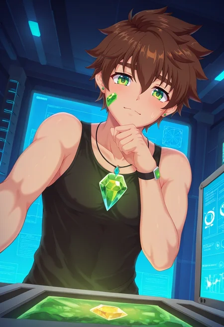 masterpiece, best quality, , (3d:0.4), looking at viewer, , 1boy, solo, male focus, <lora:keitaro_nagame_ilxl:0.9>, keitaro_nagame, brown hair, green eyes, short hair, , , crystal laboratory, gem stations, light prisms, research areas, experimenting pose, analytical expression, prismatic light,