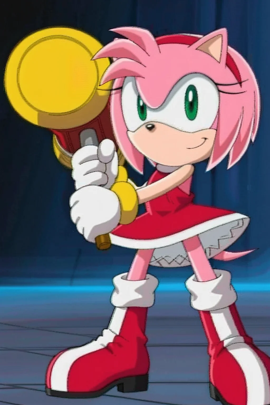 feminine, masterpiece, best quality, newest, absurdres, highres, amy rose, furry female, white-trimmed red dress, green eyes, white-yellow gloves, boots, socks, tail, holding hammer,
BREAK
dynamic background, <lora:Amy_Rose_Pony:1>