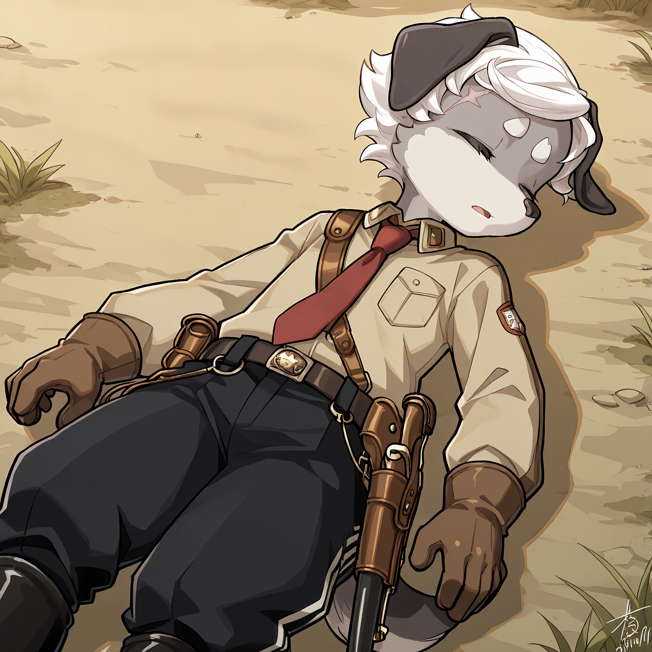 BREAK, <lora:Britz_Strudel:1>, britz strudel, fuga: melodies of steel, kemono, furry male, young male, 1boy, dog boy, grey fur, beige fur, multicolored fur, grey eyes, short hair, white hair, scar above right eye, animal ears, dog ears, floppy ears, dog tail, brown tail,
BREAK, Fuga 1 Outfit, Berman Uniform, high black boots, black military pants with two white stripes, belt, beige button-up uniform shirt, red necktie, brown gloves, brown sling, gun holster, pouches, sword,
BREAK, solo, outside, on back, closed mouth, looking away, tired, open mouth, closed eyes,