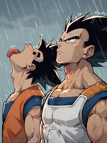 score_9, score_8_up, score_7_up, score_6_up, score_5_up,   <lora:VIRmemeXLP:0.6> vir, rain, looking up, 1boy, son goku, tongue out, black eye