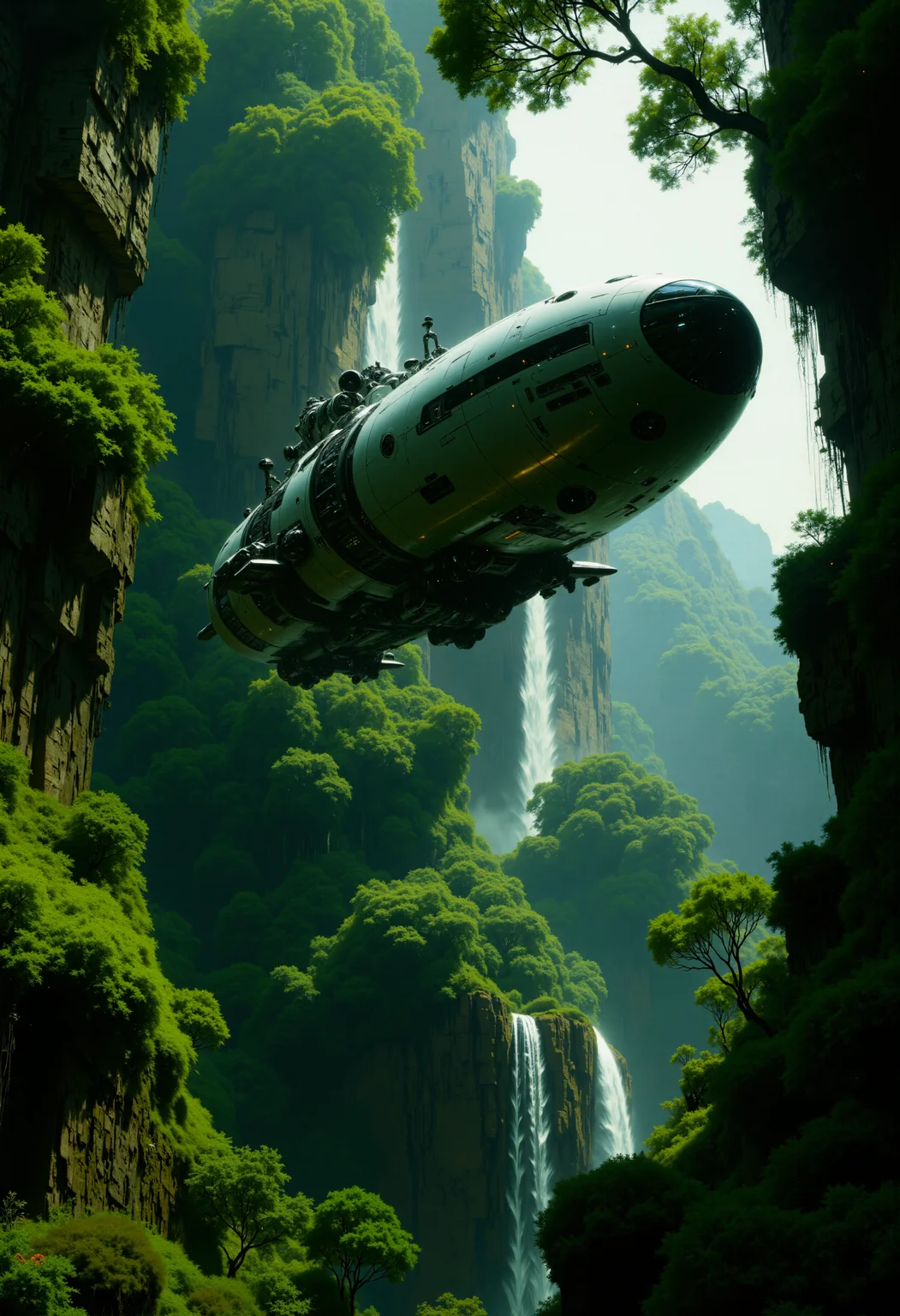 highest details, ultra hyper realism. highly detailed and realistic. intricate and highly professional artwork, an absolute masterpiece.
This is a high-quality, digital artwork depicting a futuristic, metallic spaceship hovering above lush, tropical foliage. The spaceship, resembling a sleek, cylindrical craft with intricate details, is centrally positioned in the image, captured from a slightly low angle to emphasize its grandeur. The background showcases a dense jungle with a waterfall cascading down a rocky cliff, adding to the exotic atmosphere. The lighting is soft and natural, with diffused sunlight filtering through the trees, creating a serene and mystical ambiance. The depth of field is moderately shallow, keeping the spaceship in sharp focus while slightly blurring the background. The artwork's aesthetic quality is very high, with detailed textures on the spaceship and realistic vegetation. The overall composition is balanced, with the spaceship as the focal point, surrounded by the vibrant greenery.
<lora:artilands_v02_epoch_6:1>