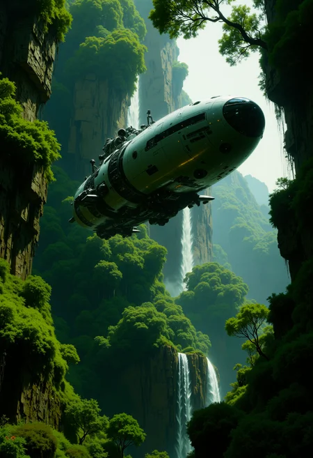 highest details, ultra hyper realism. highly detailed and realistic. intricate and highly professional artwork, an absolute masterpiece.
This is a high-quality, digital artwork depicting a futuristic, metallic spaceship hovering above lush, tropical foliage. The spaceship, resembling a sleek, cylindrical craft with intricate details, is centrally positioned in the image, captured from a slightly low angle to emphasize its grandeur. The background showcases a dense jungle with a waterfall cascading down a rocky cliff, adding to the exotic atmosphere. The lighting is soft and natural, with diffused sunlight filtering through the trees, creating a serene and mystical ambiance. The depth of field is moderately shallow, keeping the spaceship in sharp focus while slightly blurring the background. The artwork's aesthetic quality is very high, with detailed textures on the spaceship and realistic vegetation. The overall composition is balanced, with the spaceship as the focal point, surrounded by the vibrant greenery.
<lora:artilands_v02_epoch_6:1>