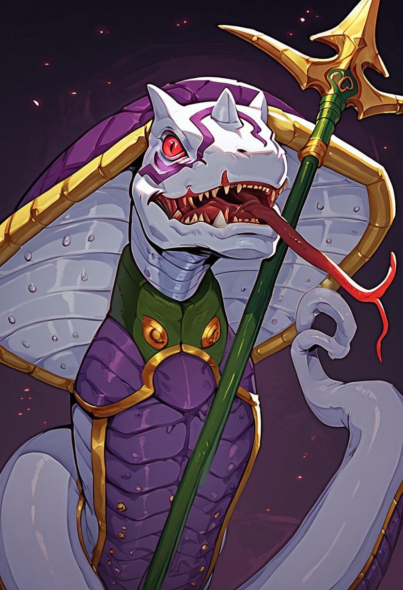 (score_9, score_8_up, score_7_up, score_6_up, score_5_up, score_4_up), dark lighting, (high quality), (high resolution), 4k, Sandiramon, monster, cobra, white skin, red eyes, three horns, purple shell, purple marks purple armor, gold trim, green chestplate, lance on tail