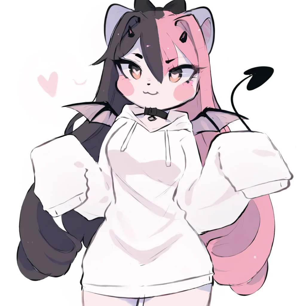 score_9, score_8_up, score_7_up, BREAK, 1girl, solo,oversized sweater, ANG3L, long hair, horns, furry female, sleeves past wrists, bow, demon tail, wings, oversized hoodie, white hoodie, choker, pink eyes, heartshaped pupils, wings, multicoloured hair, two-tone hair, split coloured hair, tail, pink and black hair:1, from below view, spoken heart, heart, white background <lora:princess_xl_v2:1>  <lora:Angel_2_crispytyph:1>