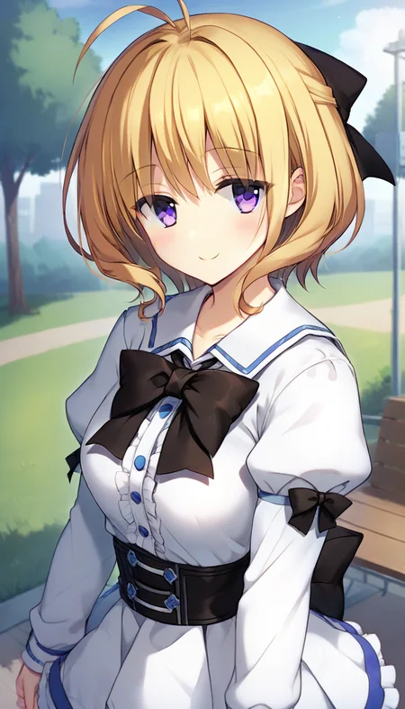 score_9,score_8_up,score_7_up,score_6_up BREAK official art,solo,outdoors,upper body,(portrait:1.5),looking at viewer,facing viewer,smile,blush,Aki Kanoko,antenna hair,short hair,blonde hair,hair bow,black bow,purple eyes,bangs,school uniform,black ribbon,white shirt,long sleeves,puffy detached sleeves,white skirt,frilled skirt,white socks,loafers,<lora:Aki Kanoko(pa)-Pony:1.4>,