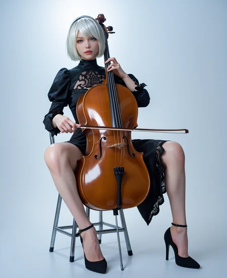 1girl, sitting on a stool, spread legs,
1girl, high heels, white hair, score_9, score_8_up, score_7_up, 2b_(nier:automata), nier_(series), bodystocking,
score_9, score_8_up, score_7_up, anime, source_anime, photoshoot ,Expressiveh, horny,
(playing cello, cello,bow \(music\)), sitting,
<lora:cello-pony-000011:0.8>