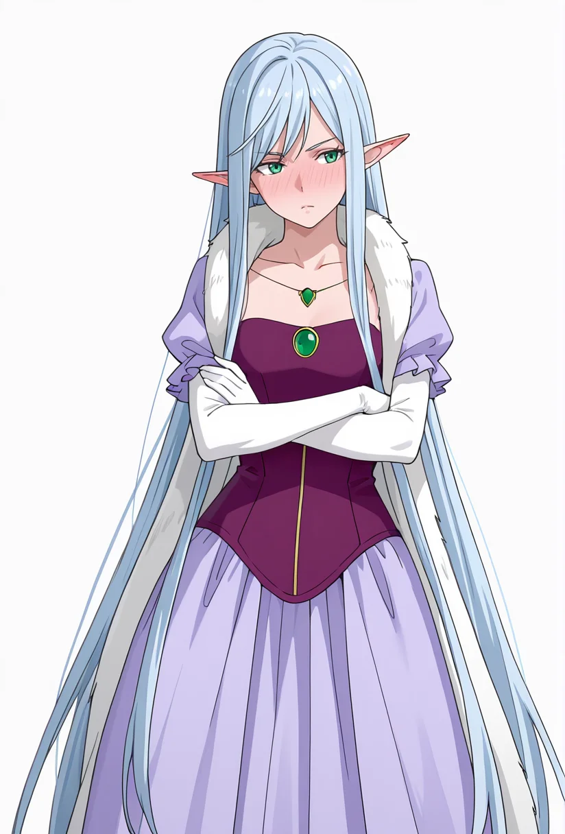 Smooth Quality,masterpiece,very intricate, high quality details, ultra realistic, high detailed skin,detailed enviorement,absurdres,
simple background, white background,
,full-face blush,standing, arms crossed, head tilt, serious, balanced stance, confident, ,
<lora:El-Ru_Sarion_Elmesia_cnn:0.8>elmesiacnn,1girl, green eyes, pointy ears, blue hair, very long hair,
purple dress,white gloves, elbow gloves,fur trim,