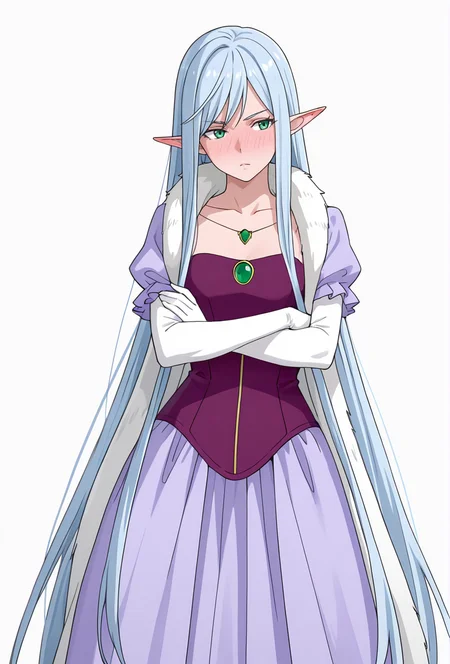 Smooth Quality,masterpiece,very intricate, high quality details, ultra realistic, high detailed skin,detailed enviorement,absurdres,
simple background, white background, 
,full-face blush,standing, arms crossed, head tilt, serious, balanced stance, confident,  ,
 <lora:El-Ru_Sarion_Elmesia_cnn:0.8>elmesiacnn,1girl, green eyes, pointy ears, blue hair, very long hair,
purple dress,white gloves, elbow gloves,fur trim,