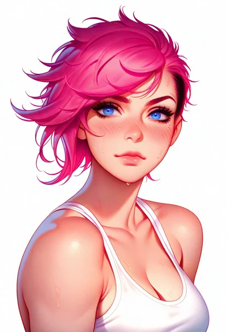 1girl, Vi(League of legends), detailed blue eyes, thin lips, medium breast, muscles, sweat, (abs:0.8),
looking at viewer, seductive, confident,
(((white background))), portrait,
masterpiece, best quality, very aesthetic,
artist : tsuaii,