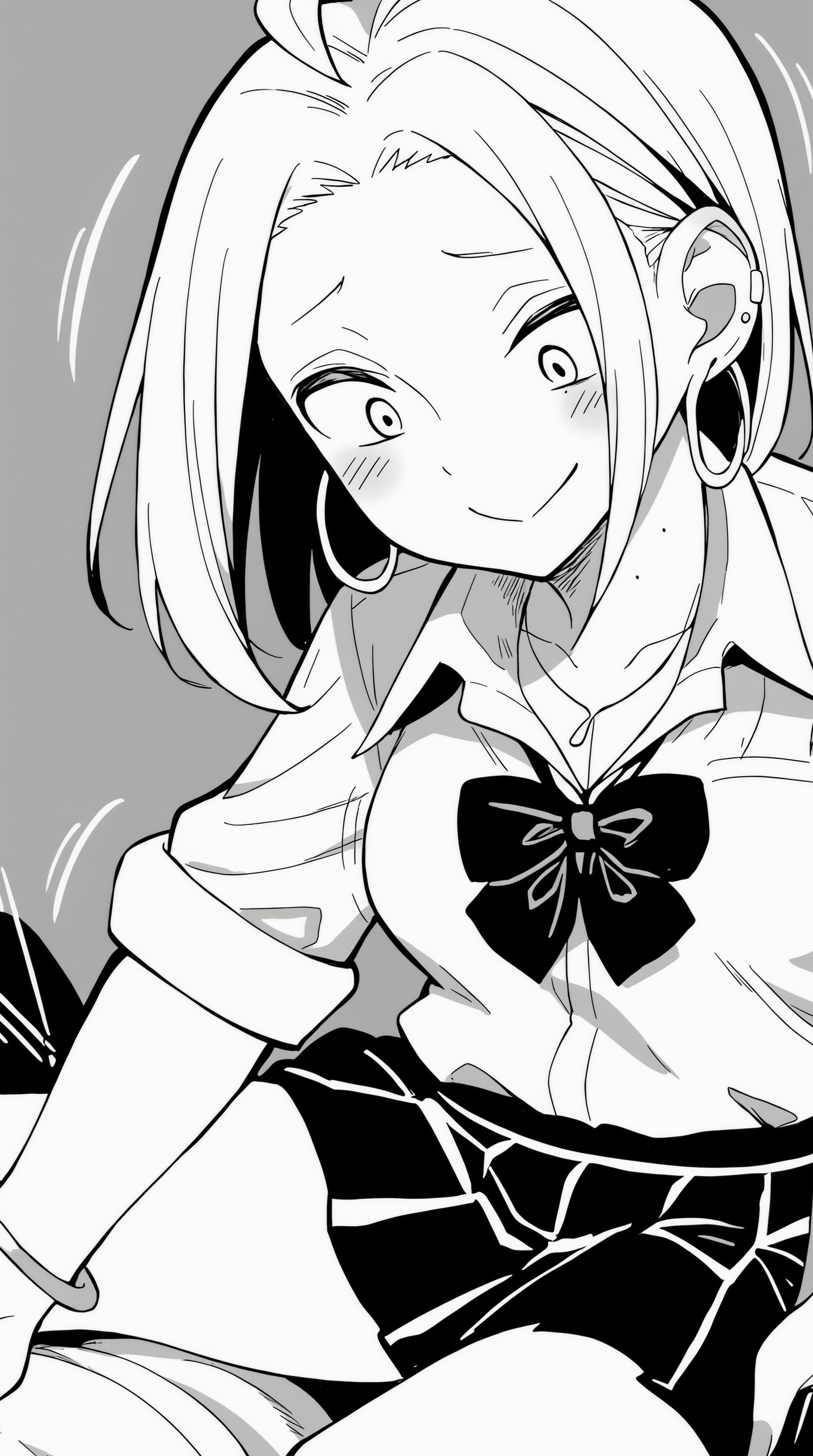 score_9, score_8_up, score_7_up, monochrome, manga_source, best background, detailed background, manga, greyscale, monochrome  Misaki Agawa, blush, smile, simple background, shirt, skirt, bow, closed mouth, school uniform, pleated skirt, necktie, solo focus, pants, bowtie, miniskirt, necklace, motion lines, sleeves rolled up, hoop earrings, :>  <lora:JN_Misaki_Agawa_Pony:0.8>