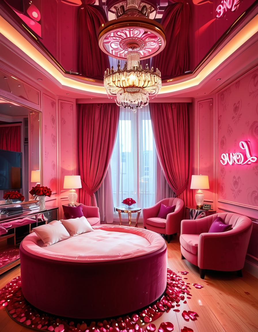 A luxurious, stylish love hotel room,love hotel r00m with a romantic and intimate atmosphere. The room features a large, round king-sized bed with silky red and black sheets, surrounded by soft, ambient lighting. Neon pink and purple LED lights illuminate the walls, creating a sensual glow. A plush velvet sofa sits near the bed, with a glass-topped coffee table holding champagne glasses and a chilled bottle of champagne. The ceiling has a large mirror, reflecting the entire room. On one side, thereâs a floor-to-ceiling window with sheer curtains, showing the night cityscape in the background. A modern jacuzzi tub with rose petals floating on the water is visible in the corner, surrounded by candles. The room has a sleek, modern design with a touch of opulence, including gold accents on the furniture and warm wooden floors. The lighting is dim and moody, emphasizing the romantic ambiance.
<lora:SDXLFaeTastic2400:0.4> <lora:extremely_detailed:0.4> extremely detailed, <lora:love_hotel_r00m:1>, Masterpiece,best quality,hi res,8k,hi res,8k,award winning,(sharp focus, intricate, highly detailed),