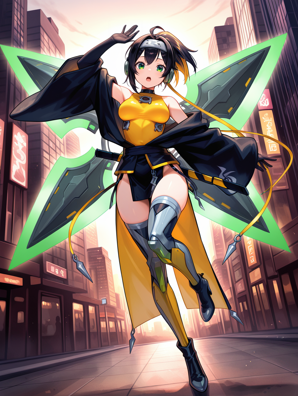 sp little knight, yellow thigh boots, 1girl, solo, open mouth, arm up, looking at viewer, medium breasts, full body, green shuriken, holding green shuriken, green shuriken on back, silver forehead protector, yellow headphones, black off-shoulder coat, black elbow gloves, yellow leotard, black pelvic curtain, official alternate costume, scabbard, black ribbon, cityscape, 
masterpiece,best quality,amazing quality,very aesthetic,absurdres,newest,<lora:Sp Little Knight & S-Force Rappa Chiyomaru illusXL v1.1:0.75>,
