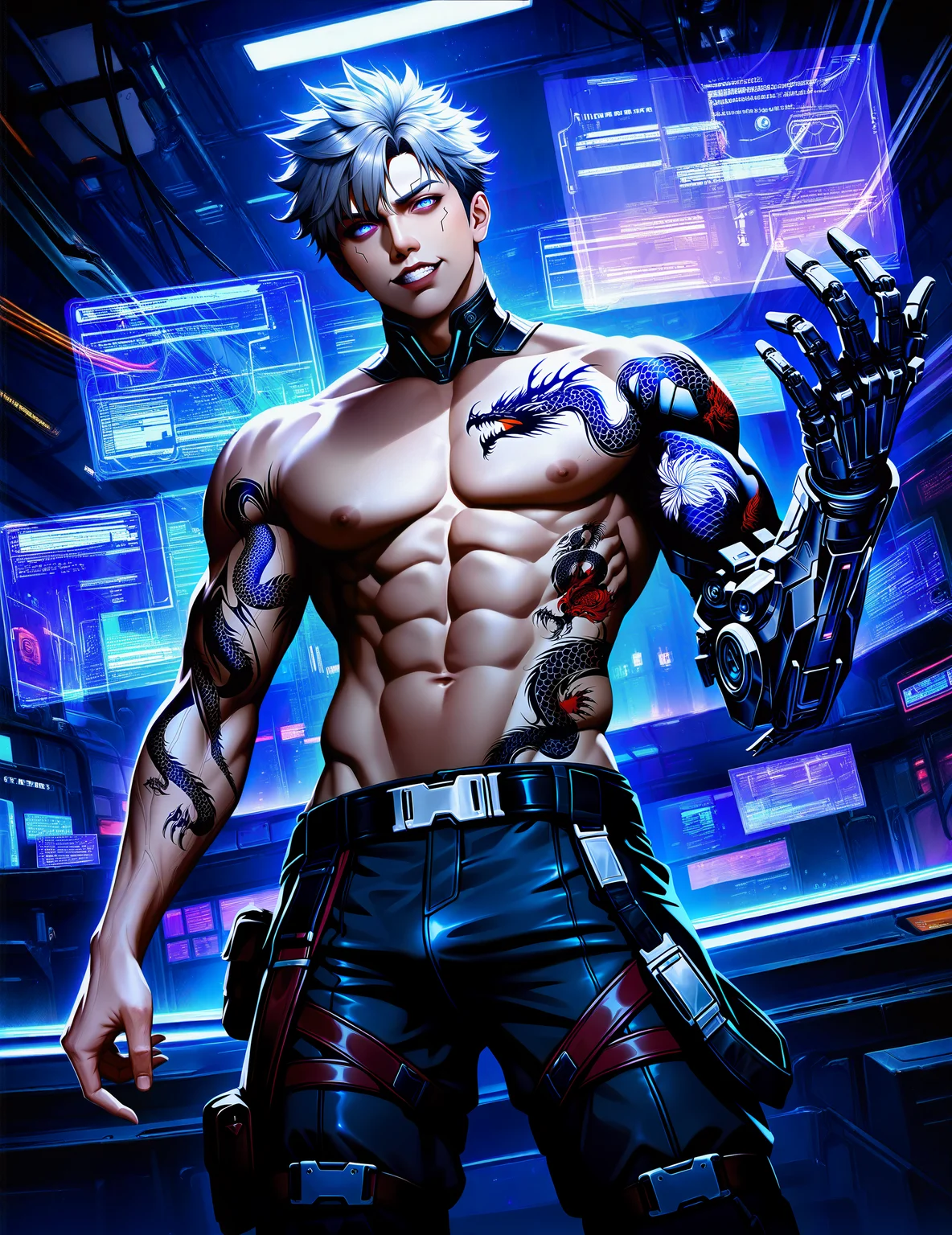 blondynkitezgraja,
(1boy:2.0), solo, topless male, full-body tattoo, indoors, dragon tattoo, spiked hair, muscular male, cyberpunk, single mechanical arm, grey hair, stainless steel, holographic interface, dynamic angle, illuminated,
very awa, masterpiece, best quality, absurdres, newest, highres, year 2024, crisp,
<lora:NOOB_vp1_detailer_by_volnovik_v1:1>, <lora:NOOBVP1_stoopid_colorfix:-2>,