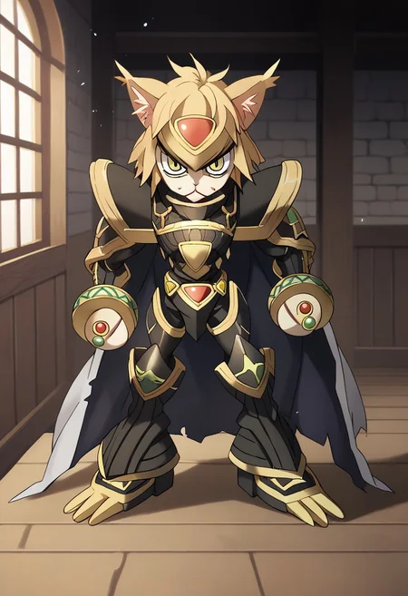 score_9, score_8_up, score_7_up, score_6_up, score_5_up, score_4_up,rating_safe,source_anime,jojo,necoarc,blonde hair, yellow eyes, slit pupils, cat ears, :3, chibi,alphamon,cape,full body,dynamic pose,indoors