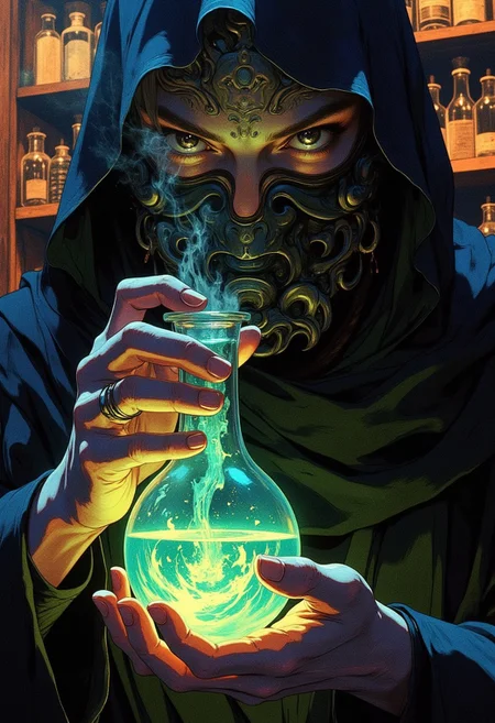 A close-up of a potion master in dim, atmospheric lighting, their face partially obscured by a hood and intricate mask. The figure is holding a glowing, swirling potion in a glass vial, its light casting dynamic reflections on their hands and face. Their eyes are intense and focused, with a glint of mystery and intelligence. Steam rises from the vial, illuminated by its luminescent liquid in shades of green, blue, or purple. The background is a blur of shelves lined with ingredients, scrolls, and alchemical tools, creating a feeling of depth and mystique in this intimate and detailed scene.