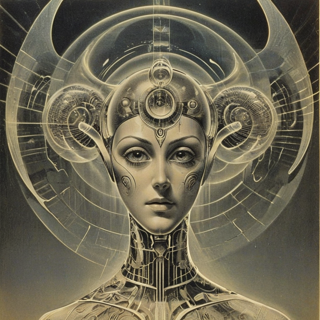 parallel universes of mind-controlling entity- translucent, mesmerizing creatures emanating hypnotic patterns and lights , robotics technician ArsMJStyle, ArtDecoVintageFuture   <lora:ArsMJStyle_-_Vintage_Future:1>