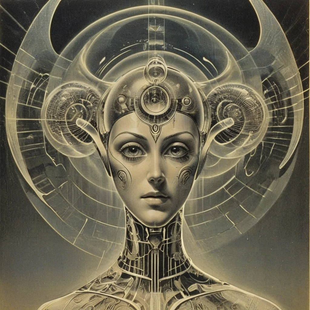 parallel universes of mind-controlling entity- translucent, mesmerizing creatures emanating hypnotic patterns and lights , robotics technician ArsMJStyle, ArtDecoVintageFuture <lora:ArsMJStyle_-_Vintage_Future:1>