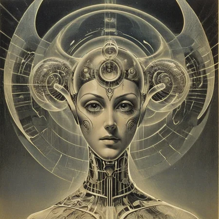 parallel universes of mind-controlling entity- translucent, mesmerizing creatures emanating hypnotic patterns and lights , robotics technician ArsMJStyle, ArtDecoVintageFuture <lora:ArsMJStyle_-_Vintage_Future:1>