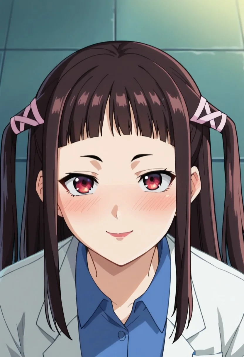 score_9, score_8_up, score_7_up, score_6_up, score_5_up, score_4_up, 1girl, rubytojo, ribbon, long hair, two side up, hair ribbon, twintails, blunt bangs, lipstick, black hair, labcoat, ponytail, lab outfit, looking at viewer, smug, blush, from above, look up, anime screencap