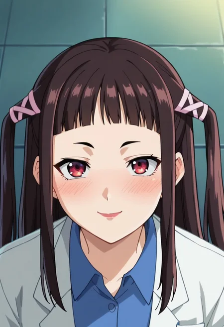score_9, score_8_up, score_7_up, score_6_up, score_5_up, score_4_up, 1girl, rubytojo, ribbon, long hair, two side up, hair ribbon, twintails, blunt bangs, lipstick, black hair, labcoat, ponytail, lab outfit, looking at viewer, smug, blush, from above, look up, anime screencap