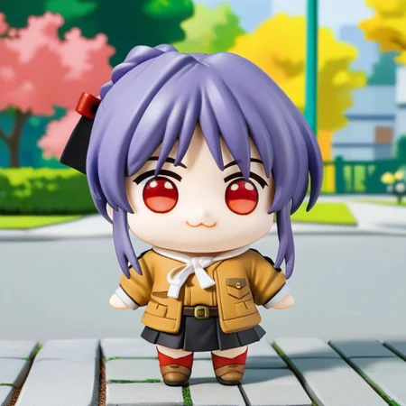 score_9, score_8_up, score_7_up, best quality, source_anime,  1girl, solo, takabe,red eyes, purple fair,doro, creature, :3, chibi, no humans,white skin,four legs,all four, solid circle eyes, no pupils, smile, park,simple background