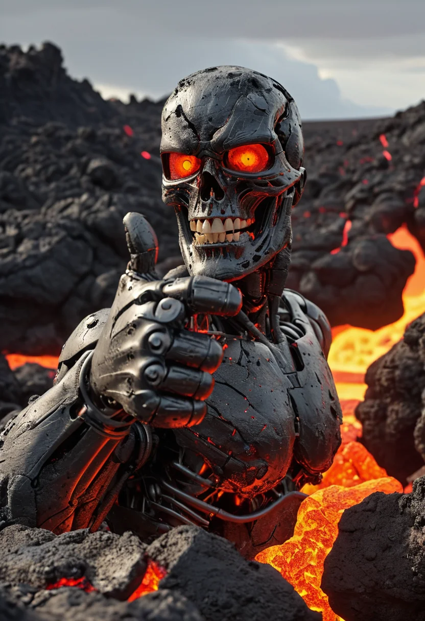 the terminator's hand sticks out of the lava and (shows thumbs up:1.5), smile, 8k, F2.8, RAW Photo, ultra detailed, <lora:CrackedMagma:1>