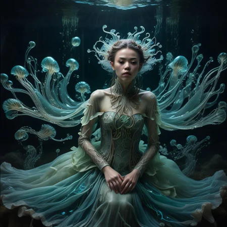 long mid shot portrait photography of an ethereal warrior, (glowing runes: 1.1), fairytale aesthetic. light green sheme, Photorealistic, intricate details, realism, sfw, ultrasharp,photography, floating, dress, water, under water, jellyfish, haute couture, tentacles, bioluminescence