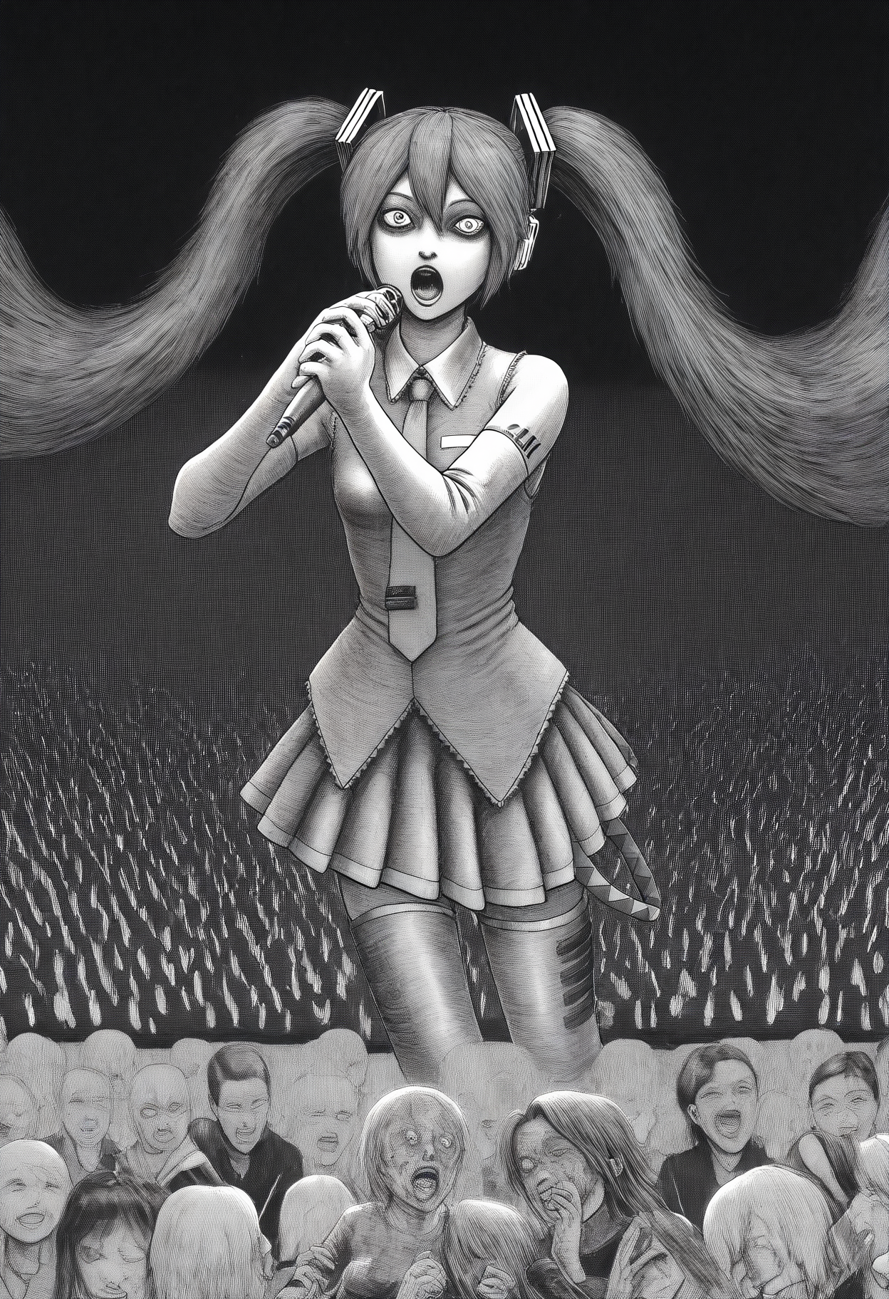 jitostyle, monochrome, greyscale, horror (theme), 1girl, miku, singing, microphone, stage, audience