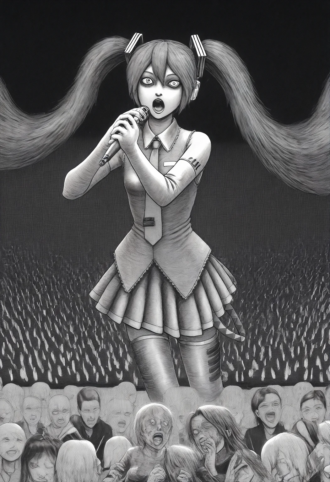 jitostyle, monochrome, greyscale, horror (theme), 1girl, miku, singing, microphone, stage, audience