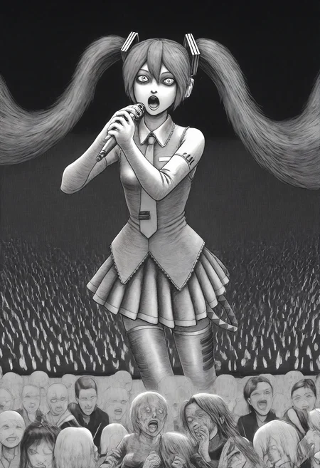 jitostyle, monochrome, greyscale, horror (theme), 1girl, miku, singing, microphone, stage, audience