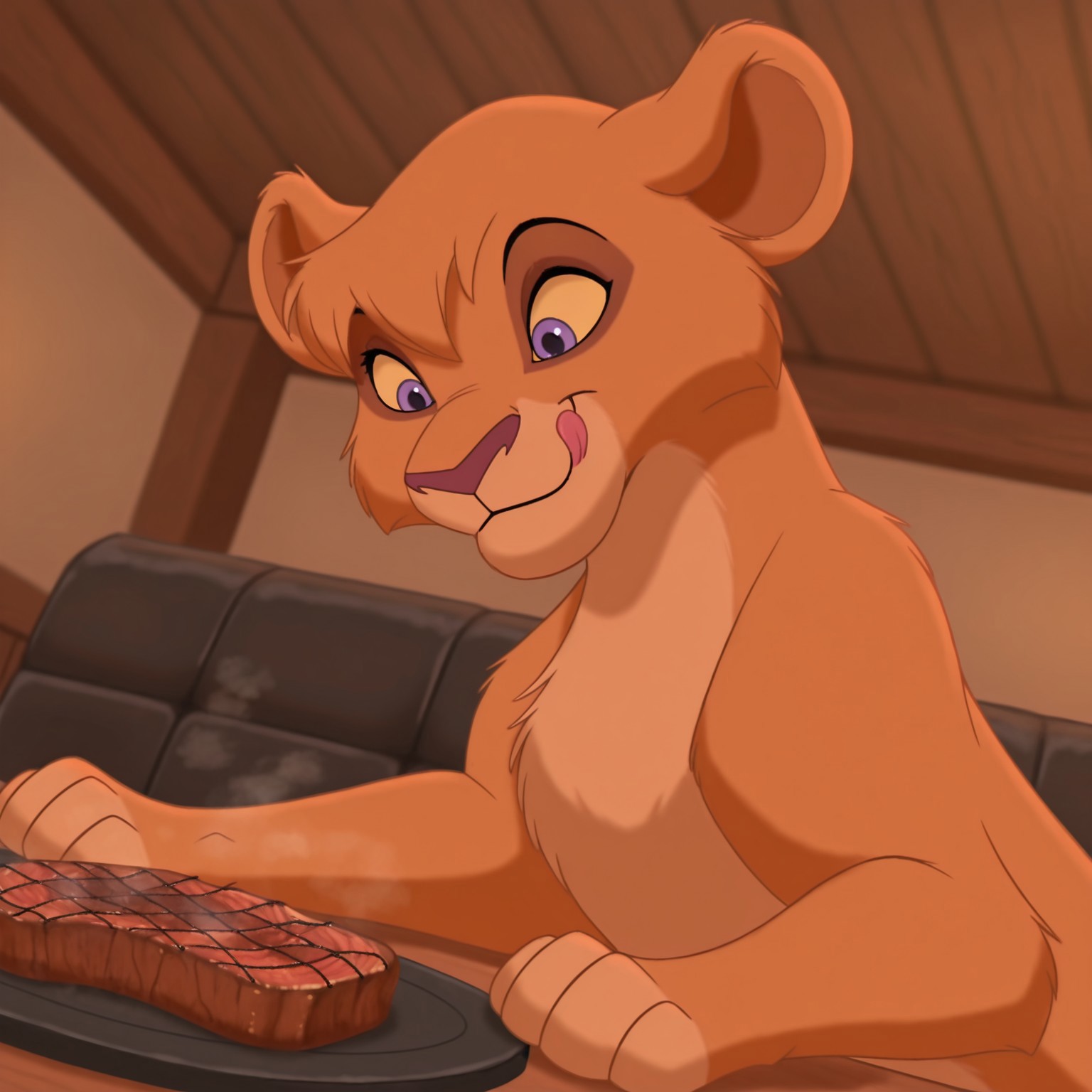 8k, uncensored, masterpiece, best quality, highly detailed, realistic, 1girl, solo, VitaniTLK, furry, feral, feline, lioness, brown hair, short hair, yellow sclera, purple eyes, black pupils, dark-pink nose, brown body, brown fur, tan body, tan fur, two tone body, two tone fur, (looking at food, detailed background, front view, dutch angle, close-up, wide eyes, closed mouth, smile, hands on table,  ((paws, 4 fingers)), (steak, restaurant, table, steam from food), upper body, licking lips