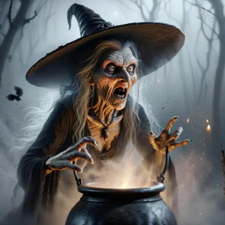 A witch in the middle of spooky woods at a bubbling cauldron, caught with a surprised expression with a rat in her hand she is preparing to toss into the cauldron, shrouded in fog, sharp claws, R3dHall0w33n, ral-wtchz