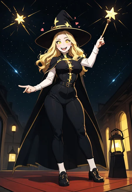 score_9, score_8_up, score_7_up, 1girl, slim petite woman with large chest breasts, teaching the class, standing at wizard school , hand pointing a long glowing wand,
happy, gorgeous face, cute, bounce breast, blushing, perfect eyes,
wearing dark wizard vestments, black body suit, black stilettos shoes, bounce lines, hearts, golden stars, electric bolts, excitement lines,
blonde long wavy hair,
lantern lit night light effects, cast shadows over subject, firelight,
detailed background, detailerlora,
skindentation, SkinDetail, 1nc4s3, Expressiveh, yoga