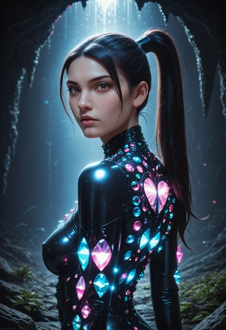 score_9,score_8_up,score_7_up, sorce_real, 8k, hd, (1 girl, brown eyes, high ponytail, bioluminescent latex suit, seij, <lora:Seij-000001:1>), cute and mischievous, black suit, purple details, neon colored glowing particles in the black skin, black skin with neon pink bioluminescence, cinematic light, looking at viewer, dark, night, mysterious atmosphere, floating hearts, beautiful creatures, flies through a dark stalactite cave at night, bioluminescent icicles on the walls, everything is shrouded in darkness. <lora:SDXLFaeTastic2400:0.3>, cave by Jed-Cosmos <lora:Jed-Cosmos-sdxl:0.3> <lora:ral-swarcrystl-sdxl:0.7> multicolored gemstones made of ral-swarcrystl, black gloves with glowing jewels, side view