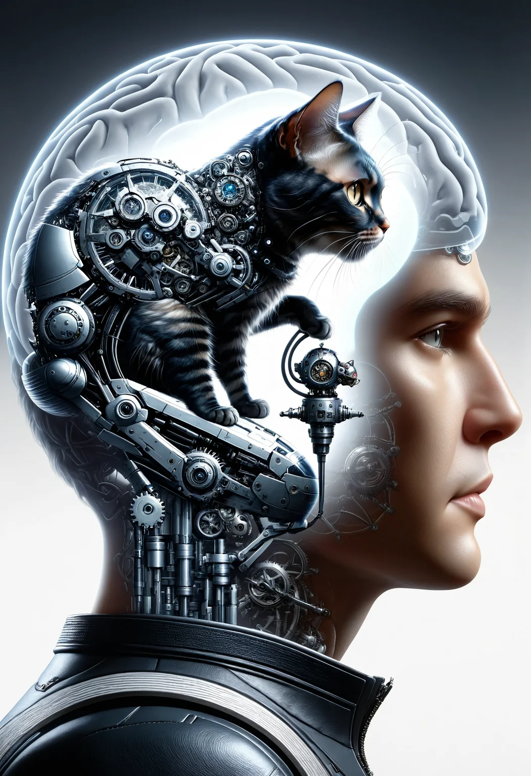 dvr-wwyt, a man, (brain0:0) a cat mech pilot pulling mechanical levers inside the brain <lora:dvr-wwyt:1>