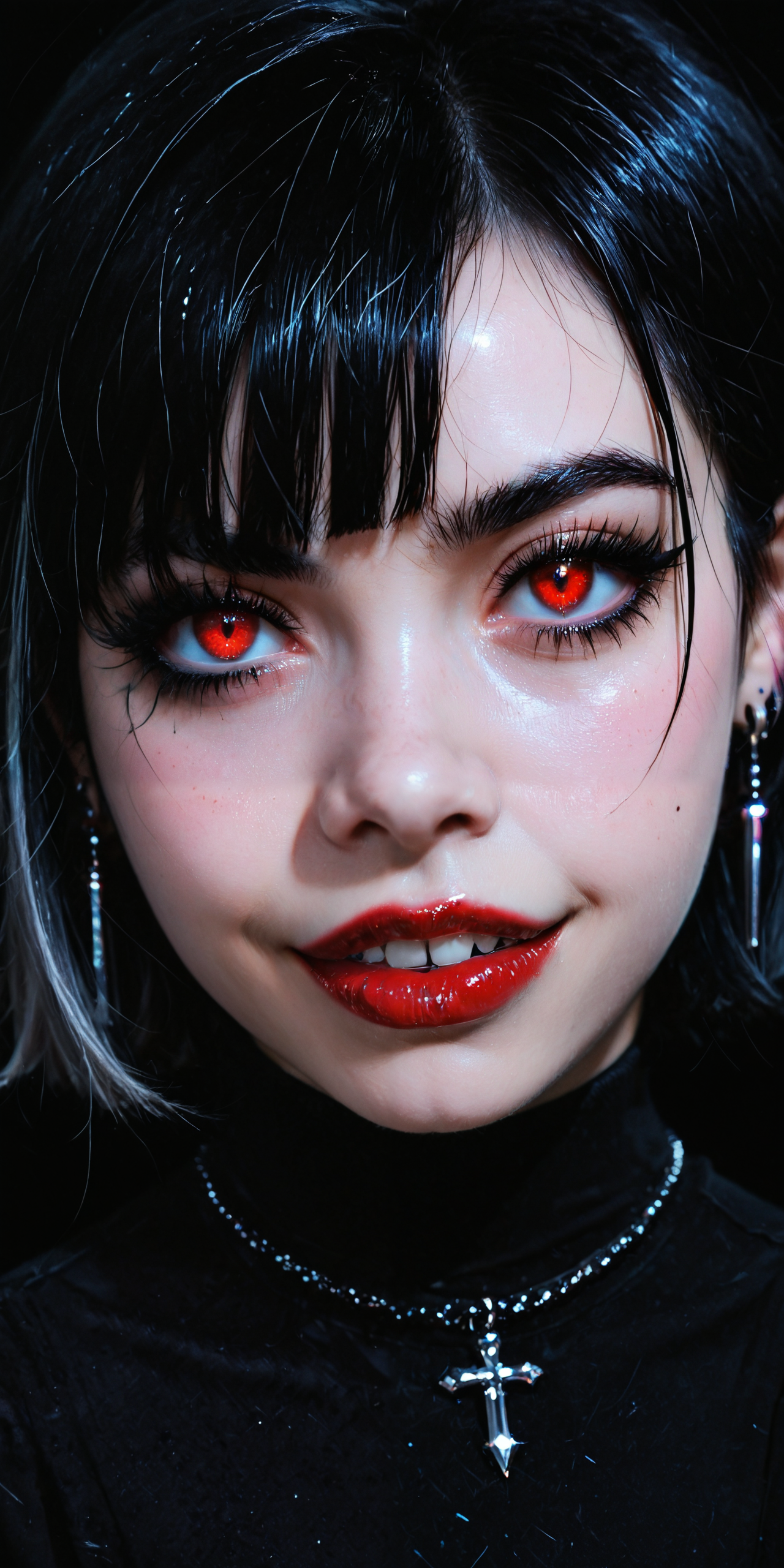 embedding:Stable_Yogis_PDXL_Positives2,  facelistic, realism, straight eyebrows, sharp eyeliner, black lipstick, black glitter, gothic
, 1girl, bangs, black background, black hair, earrings, face, jewelry, letterboxed, looking at viewer, red eyes, short hair, smile, solo, teeth
