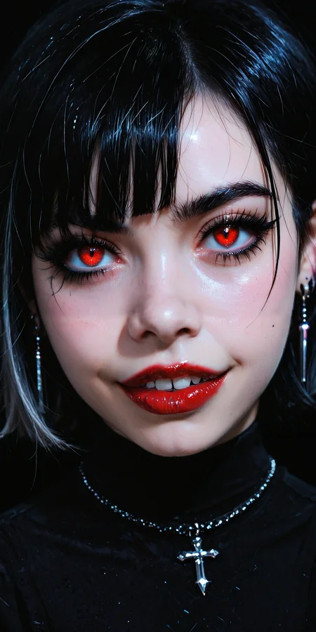 embedding:Stable_Yogis_PDXL_Positives2, facelistic, realism, straight eyebrows, sharp eyeliner, black lipstick, black glitter, gothic
, 1girl, bangs, black background, black hair, earrings, face, jewelry, letterboxed, looking at viewer, red eyes, short hair, smile, solo, teeth