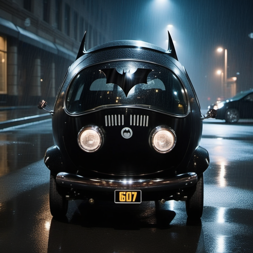 batman drives a pearly black bubble car, gotham city, night, full moon, rain, photography, ultra sharp, film, professional, 64k <lora:PeaCar1024:0.8> <lora:add-detail-xl:1.5>