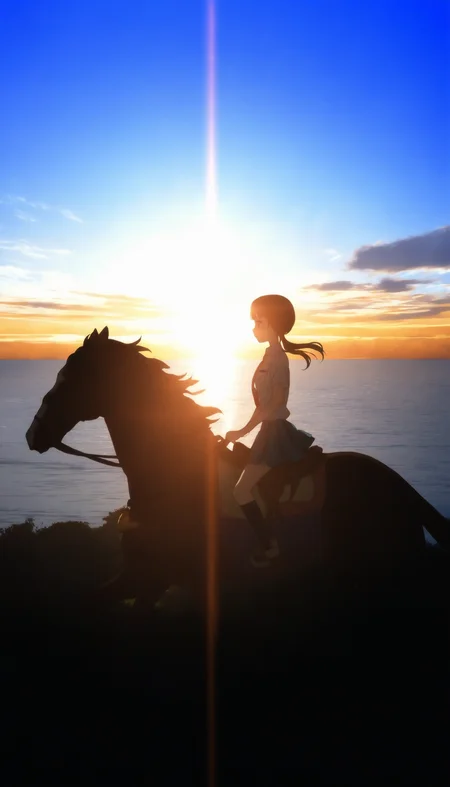 masterpiece,best quality,amazing quality,
<lora:sawaOkitaNAI:1>,sawa okita,
1girl,solo,brown hair,bangs,twintails,brown eyes,white shirt,red necktie,blue pleated skirt,black kneehighs,holding reins,riding,horse,from side,outdoors,early morning,sunrise,blue sky,cloud,sea,backlighting,lens flare,