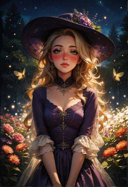 score_9, score_8_up, score_7_up, score_6_up, score_5_up, score_4_up,   1woman, (beautiful face, cute face, 18 years old), blonde, long straight hair, outdoors, plants, flowers, soft lighting, smiling, blush, looking at viewer, nose blush, green eyes, hands between knees, leaning forwards, night, bokeh, moonlight, tan skin, standing, dusk, fireflies  <lora:sdxl\Expressive_H-000001:0.6>, expressiveH <lora:sdxl\vixon_pony_gothic_neon:0.4> <lora:sdxl\incase_style_v3_ponyxl_ilff:0.3> <lora:sdxl\sinfully_stylish_SDXL:0.4> <lora:sdxl\wrenchrococodomepdxl-000007:0.8>, purple wrenchrococodome, purple gown, hat