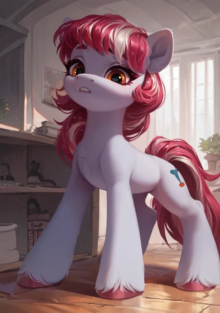 score_9, score_8_up, score_7_up, score_6_up, BREAK source_pony, rating_explicit, solo, pony, 1girl, standing up, full body, ear tufts, long eyelashes, indoors, best quality, high detailed, sharp lines, shaded