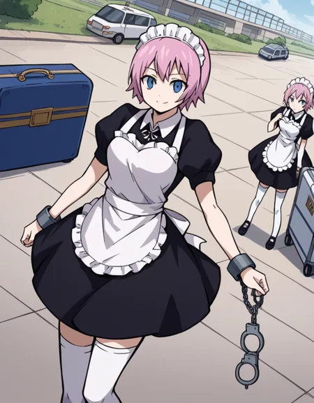 score_9, score_8_up, score_7_up, source_anime, <lora:fairytail-virgo-s7-ponyxl-lora-nochekaiser:1>,, maid virgo, short hair, bangs, blue eyes, pink hair, thighhighs, dress, short sleeves, shoes, puffy sleeves, black footwear, apron, black dress, white thighhighs, puffy short sleeves, zettai ryouiki, maid, maid headdress, white apron, maid apron, cuffs, enmaided, handcuffs,, airport, waiting area, suitcase, flight delayed, passengers, reading book, smile, looking at viewer, arm bent at elbow, solo,, cowboy shot, dutch angle