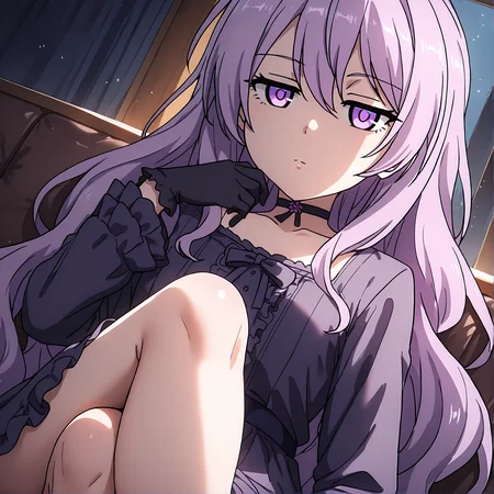 newest,absurdres,masterpiece,highres,<lora:noobai_ep11_stabilizer_v0.138_fp16>,1girl,black gloves,crossed legs,dress,ena_ibarada,expressionless,frills,long hair,long sleeves,portrait,purple hair,solo,<lora:ibarada2:1>,ena_ibarada,long hair,
