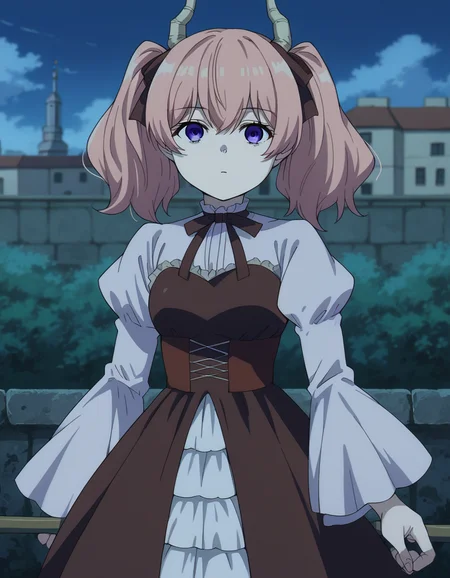 score_9, score_8_up, score_7_up, source_anime,
demonlinnie, <lora:demon-linnie-s1-ponyxl-lora-nochekaiser:1>,
linnie, bangs, purple eyes, twintails, hair ribbon, pink hair, horns, black ribbon, demon horns,
long sleeves, dress, ribbon, frills, puffy sleeves, black ribbon, juliet sleeves,
outdoors, cityscape,
looking at viewer, dutch angle, cowboy shot,