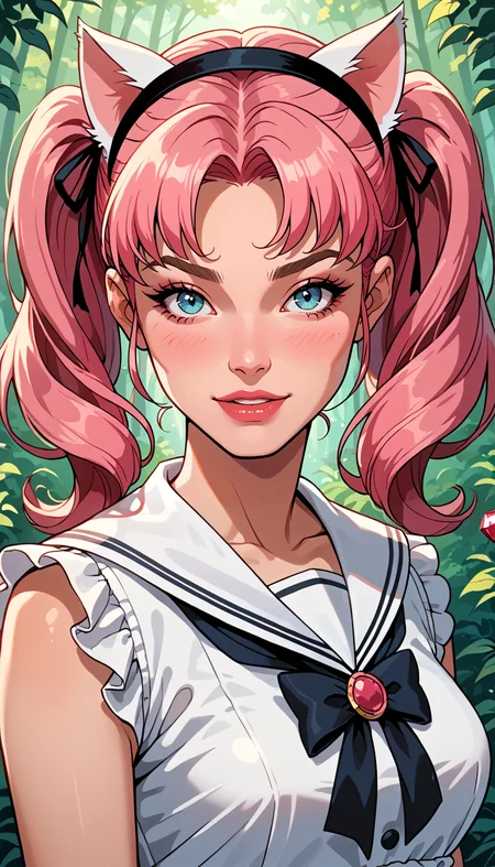 score_9, score_8_up, score_7_up, Western Comics, Portrait, cat girl, cute, seductive, innocent, light smile:0.3, plump lips, slender body, cat ears, high detailed sailor suit, pink hair ribbon:1.2, hairband,, wrist cuffs, twintails, gem, frills, softlight, forest background, depth of field, dynamic angle, fashion photography, sharp, hyperdetailed:1.15