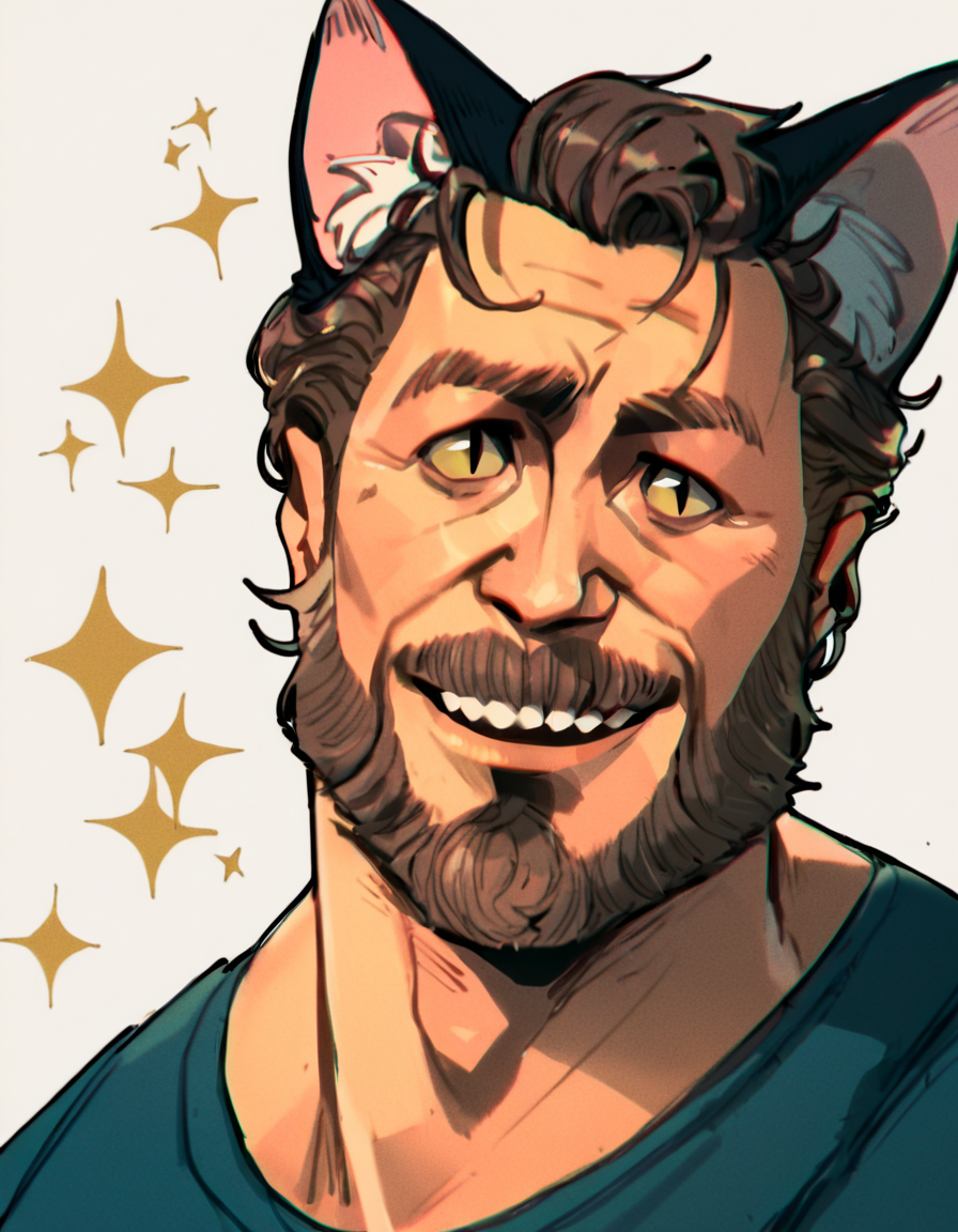 absurdres, hires, score_9, score_8_up, score_7_up, score_6_up, score_5_up, score_4_up, rating_safe, rating_questionable, 1boy, solo, male focus, mature male, beard, brown hair, smile, teeth, t-shirt, short, upper body, cat ears, slit pupils, sparkle