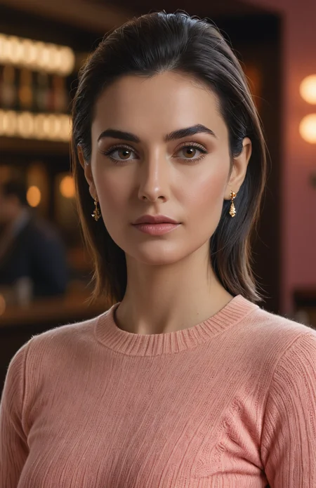 a woman, she is from Armenia, 39 years old, tight crop hair, longing for something, makeup, wearing salmon pink ribbed sweater, by Erwin Olaf, realistic, high detailed skin, shallow depth of field, A lively pub in The witching time of day, (masterpiece, high quality:1.1), (highly intricate details:1.1), (best quality:1.1) (8K, UHD:1.1)<lora:add-detail-xl:1><lora:xl_more_art-full_V1:0.5><lora:RMSDXL_Enhance:2><lora:DetailedEyes_V3.SDXL:1>