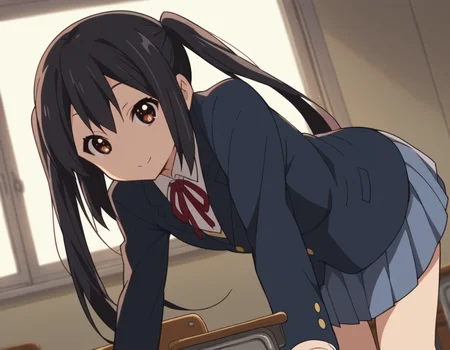 score_9, score_8_up, score_7_up, source_anime,
azusanakano, <lora:azusa-nakano-s2-ponyxl-lora-nochekaiser:1>,
azusa nakano, black hair, brown eyes, long hair, twintails,
sakuragaoka high school uniform, school uniform, uniform, blazer, shirt, white shirt, collared shirt, skirt, pleated skirt,
indoors, classroom, bent over, smile,
looking at viewer, cowboy shot, dutch angle, solo,